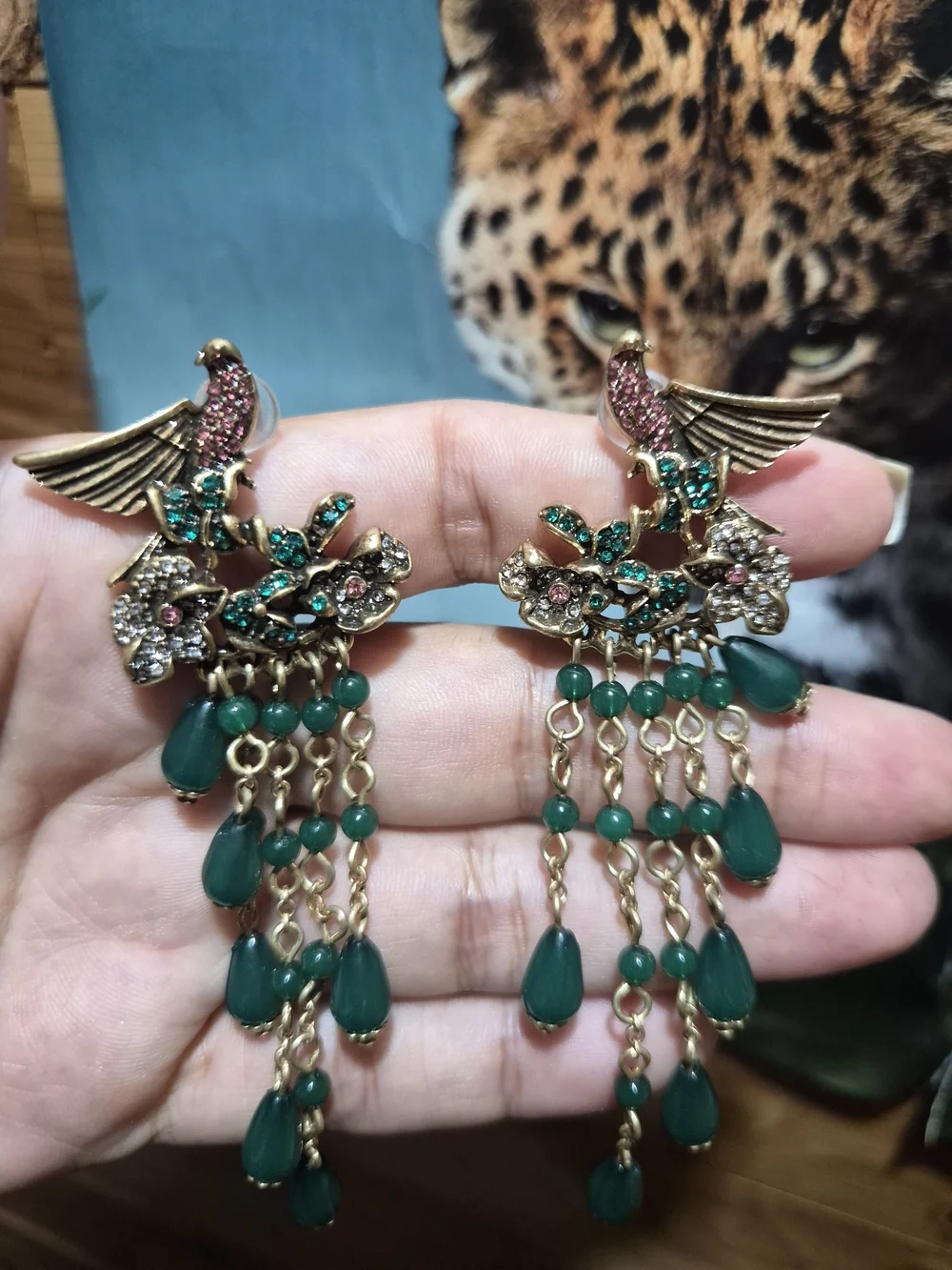Green Crystal Bird Chandelier Earrings with Teardrop Beads